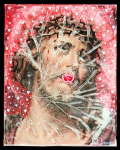 Derek Cracco, "Kiss Me," 2005, hide glue transfer, acrylic, vinyl and resin on canvas, 21.75”X 17”