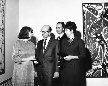 Lee Krasner, Ted Klitzke, John Burnum and Celeste Burnum at the opening reception for Krasner's solo exhibition in Garland Hall in 1967.