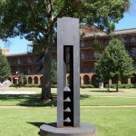 Billy Lee, Homage to Brancusi, 1993, stands in Woods Quad.