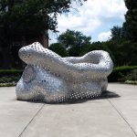 Craig Wedderspoon, Quilted Vessel, 2013, cast and welded aluminum, in the Woods Quad Sculpture Garden