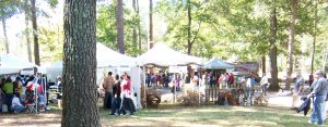 White tents of arts and crafts vendors under the trees.