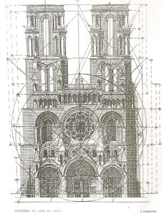 Illustration of Notre-Dame of Laon cathedral with superimposed regulator lines show that the cathedral has golden proportions.