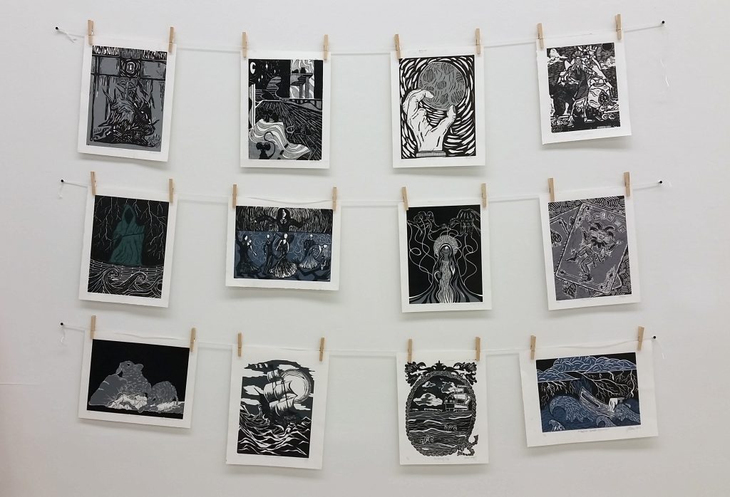 Linoleum block prints by students in ART 220