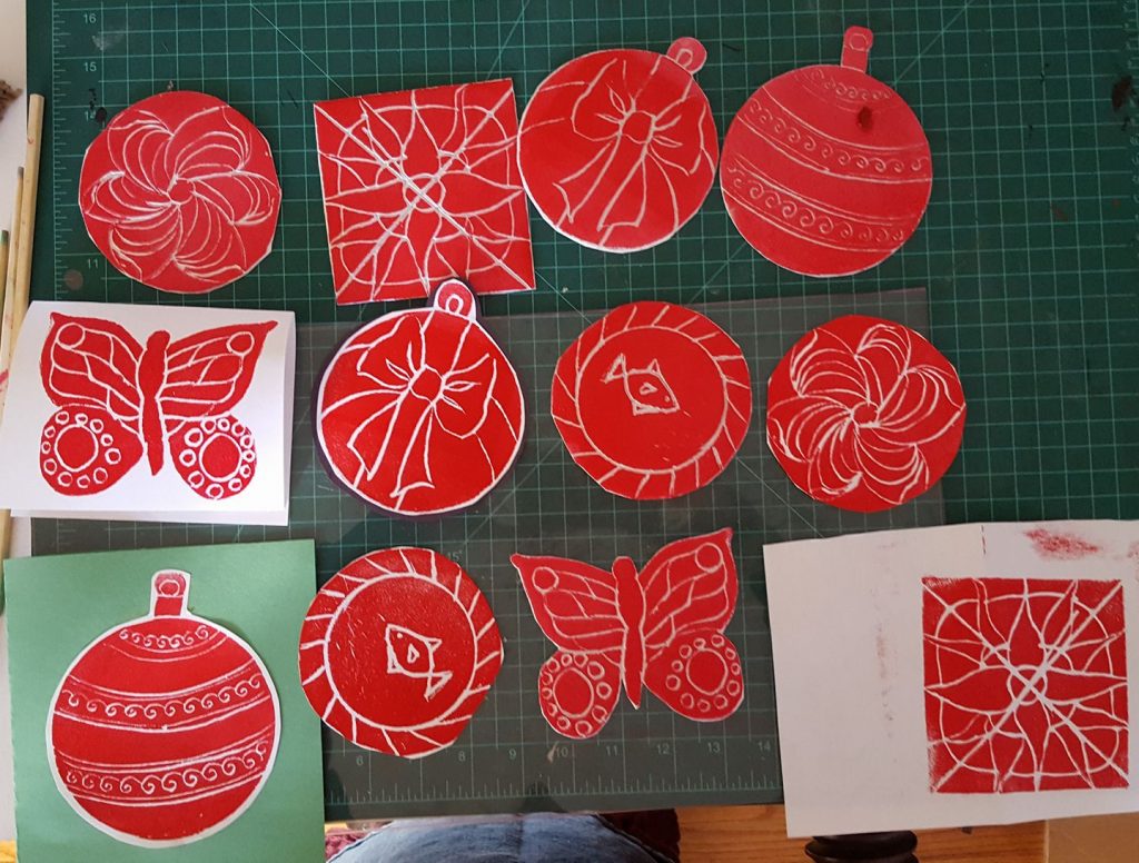 Prepared plates for a Styrofoam plate printmaking workshop