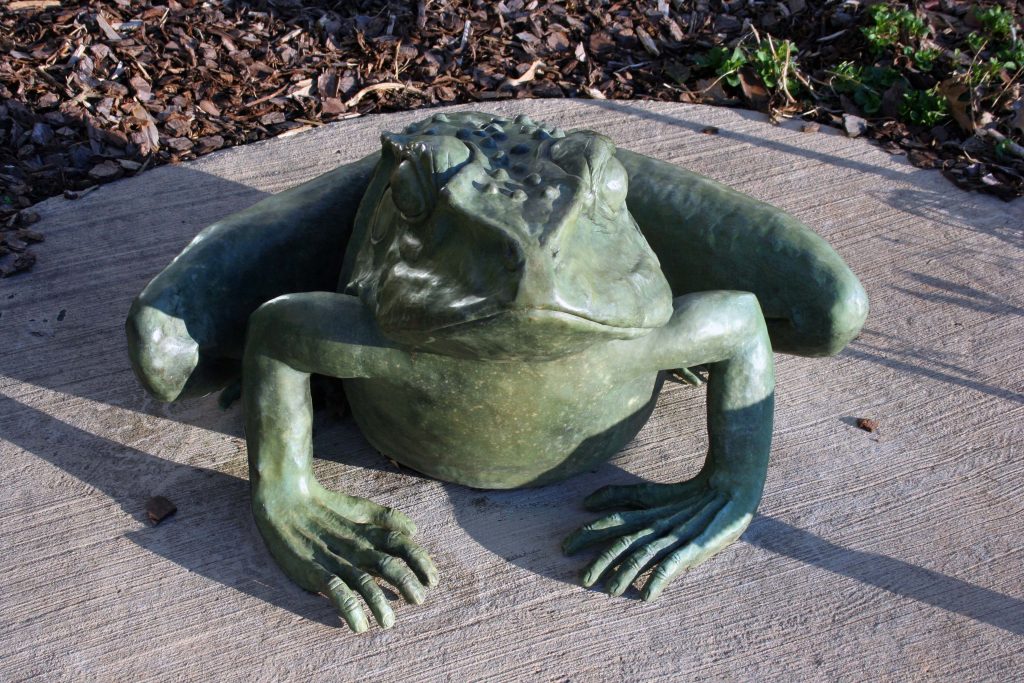 “Frank the Frog” a bronze sculpture by UA art alumnus Frank Fleming, in Child Development Research Center sculpture garden.