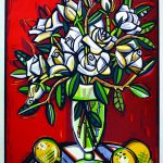 David Bates, (American), "White Roses," 2007. woodcut, from Sara and William Hall Collection, Permanent Collection of the Sarah Moody Gallery of Art.
