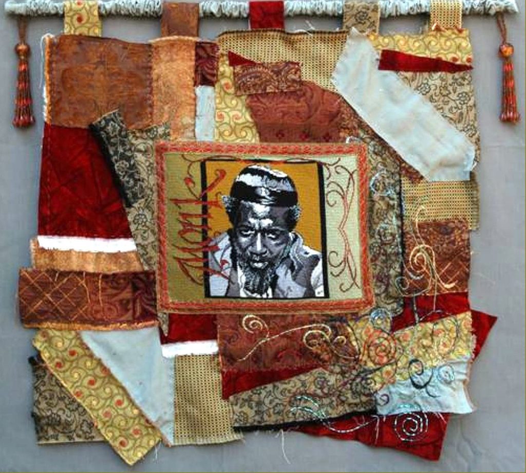 Leanna Leithauser-Lesley, "Thelonious Monk," needlepoint mounted on a hand stitched and beaded crazy quilt, 30”X30”