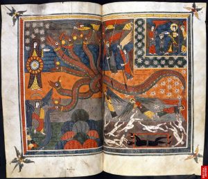 Page from a Spanish Apocalypse: Silos Apocalypse: Northern Spain, c.1100, British Library Add. MS 11695, ff.147v-148.