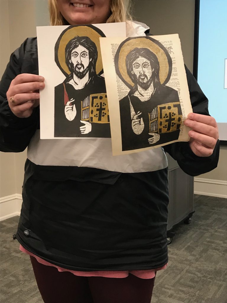 Elizabeth Essary created an icon in a woodblock print, using the Christ icon as a guide, for Dr. Jennifer Feltman's ARH 360.