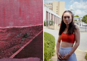 (left) Candace von Hoffman, Untitled Study 4/16, September 2018, multimedia collage, 4 x 4 inches. (right) Caroline Japal, Ana, 2018, photographic print, 30” H x 20” W.