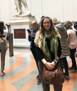 Rebecca Teague before Michelangelo's David in the Academia in Florence, May 2018, Study Abroad (detail). Photo courtesy R. Teague.