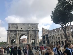 Our group leaving the Colosseum and the Arch of Constantine in Rome. Pictured, from left to right: Anna Pitts, Catie Stone, Jordan Hadley, and Tanja Jones. Photo by Rebecca Teague, Study Abroad, May 2018.