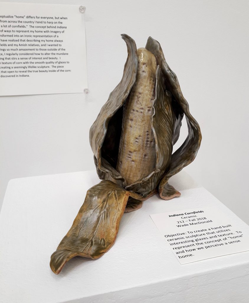Alyssa Hochstetler, "Indiana Cornfields," ceramic, in the Advanced Scholarship Exhibition, 2019.