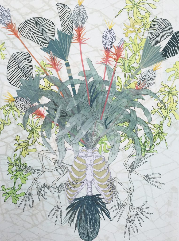 Megan Moore, " It Grew With Frog Legs." collaged monotype, relief, and photo intaglio prints, 20 x 15 inches. Image courtesy of the artist.