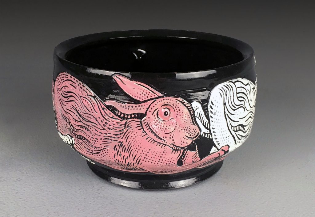 Pink and White Hare Bowl by Jamie Adams