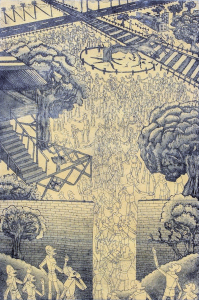 Etching of a complex landscape scene with trees, railroad crossroads, a tree across the track, and crowds of robot men.