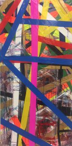 Brightly colored tape and paint in an abstract painting. 