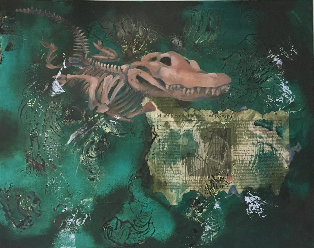 Painting of an alligator skeleton in dark green water and newspaper pieces.