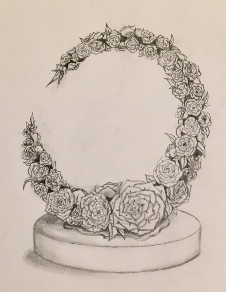 A graphite drawing of a semi-circle of camellias.