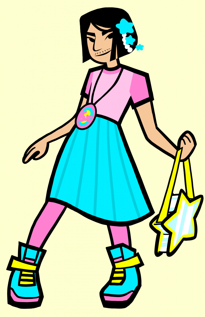 stylized cartoon character dressed in high top sneakers, skirt, t-shirt, star-shaped purse with a dark bob hair cut and a barely showing mustache.