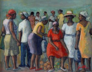 a painting of many people milling around, talking, at an outdoor market
