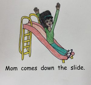 Drawing of a girl sliding down a slide.