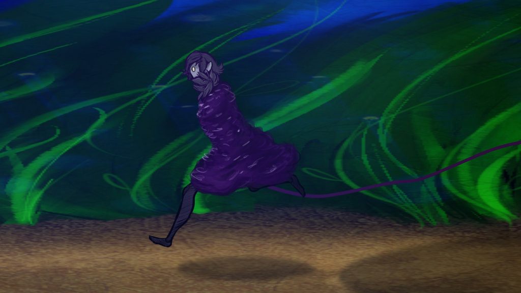 cartoon character in purple running through giant surreal grass