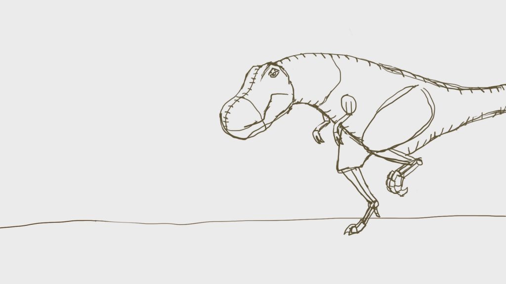 line sketch of a dinosaur with stitches