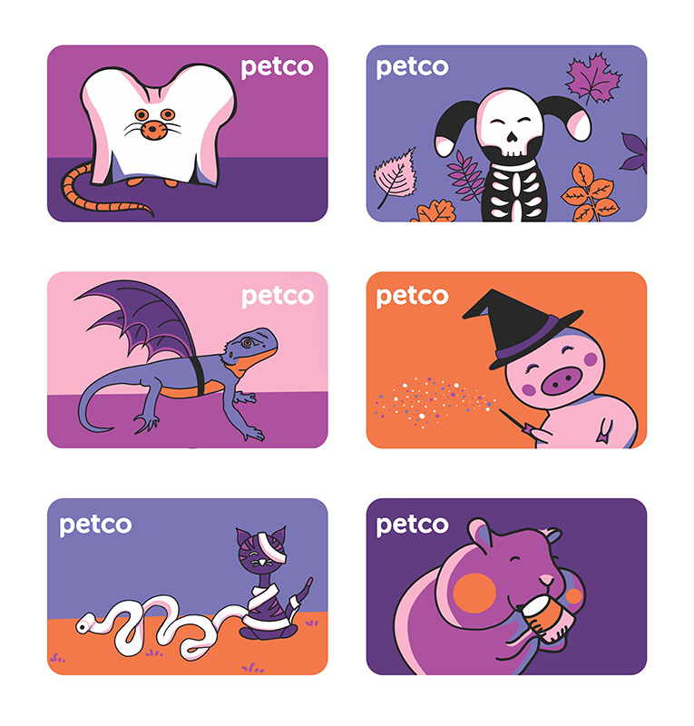 Six gift cards designed with cartoon pets.