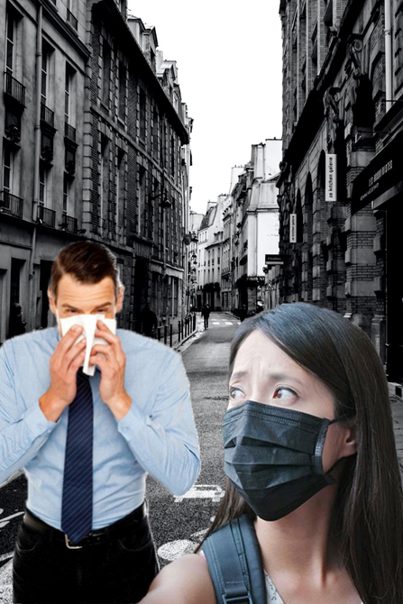 Two people standing in an ally covering their noses and mouths.