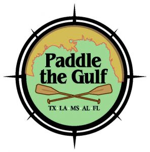 Compass-shaped logo for "Paddle the Gulf" with coastal map of 5 states and two oars.