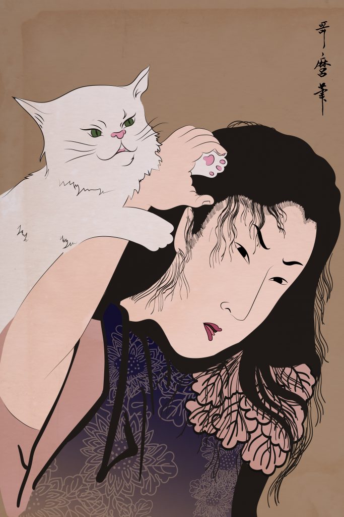 Cat on a woman's shoulder pawing her hair.