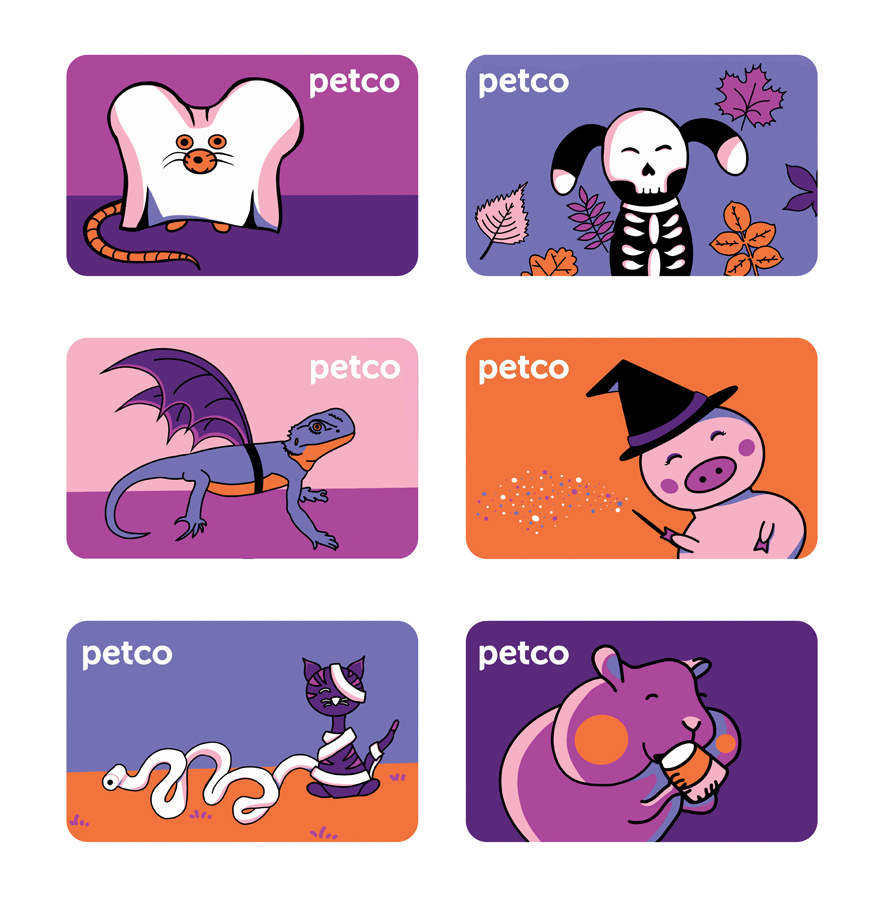 product design for gift cards with different cartoon pets on each card