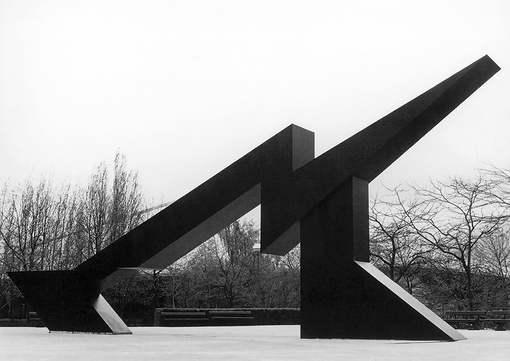 large black Minimalist sculpture, installed outdoors