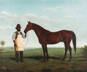 Portrait painting of an African American man and horse.