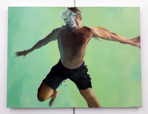 painting of a man swimming underwater