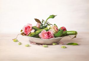 flowers, vegetables in ceramic dish