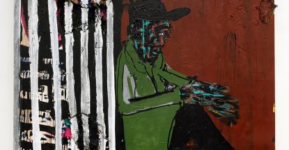 painting of a Black man seated, wearing a black baseball cap and leaning against a striped wall.